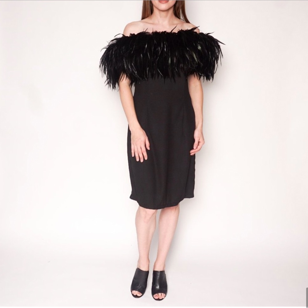 VINTAGE Dave & Johnny Black Feather Sheath Dress 8
